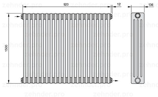 Схема (чертеж) Радиатор Zehnder Charleston 4150/20 №1670 Белый глянцевый RAL 9016
